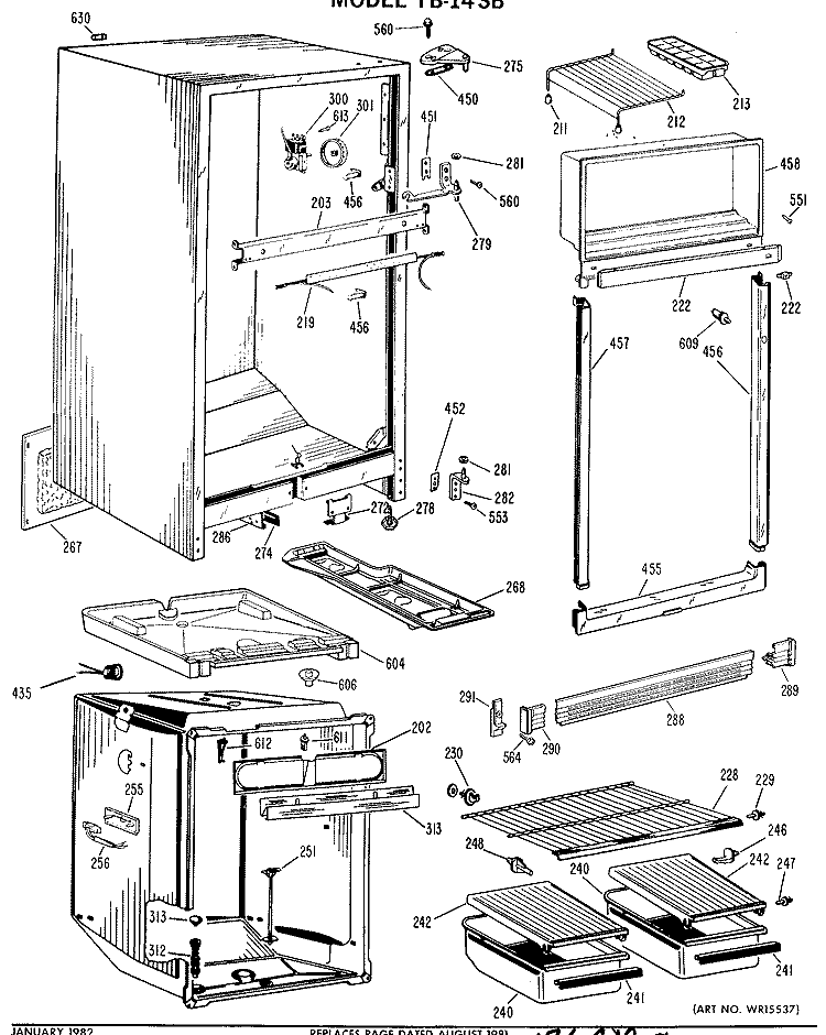 Section Diagram and Parts List for TB14SBM  General Electric Refrigerator