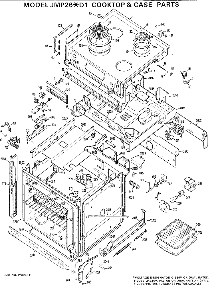 COOKTOP & CASE PARTS Diagram and Parts List for JMP26*D1  General Electric Range