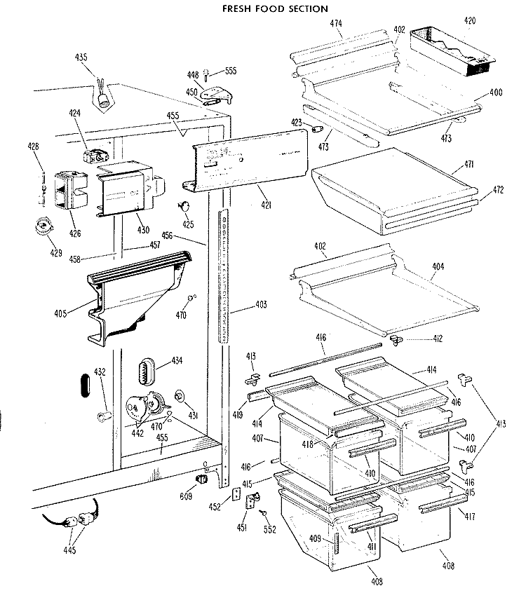 FRESH FOOD SECTION Diagram and Parts List for TFF24ZBM  General Electric Refrigerator