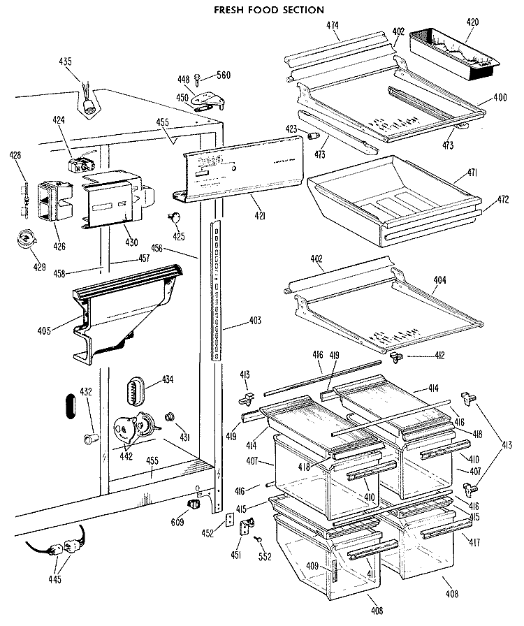 FRESH FOOD SECTION Diagram and Parts List for TFF24ZCB  General Electric Refrigerator