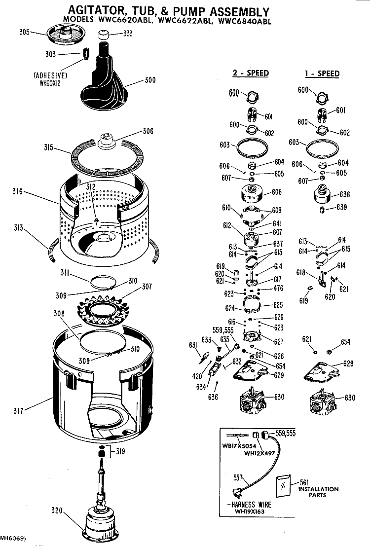 AGITATOR, TUB, & PUMP ASSEMBLY Diagram and Parts List for WWC6620ABL  General Electric Washer