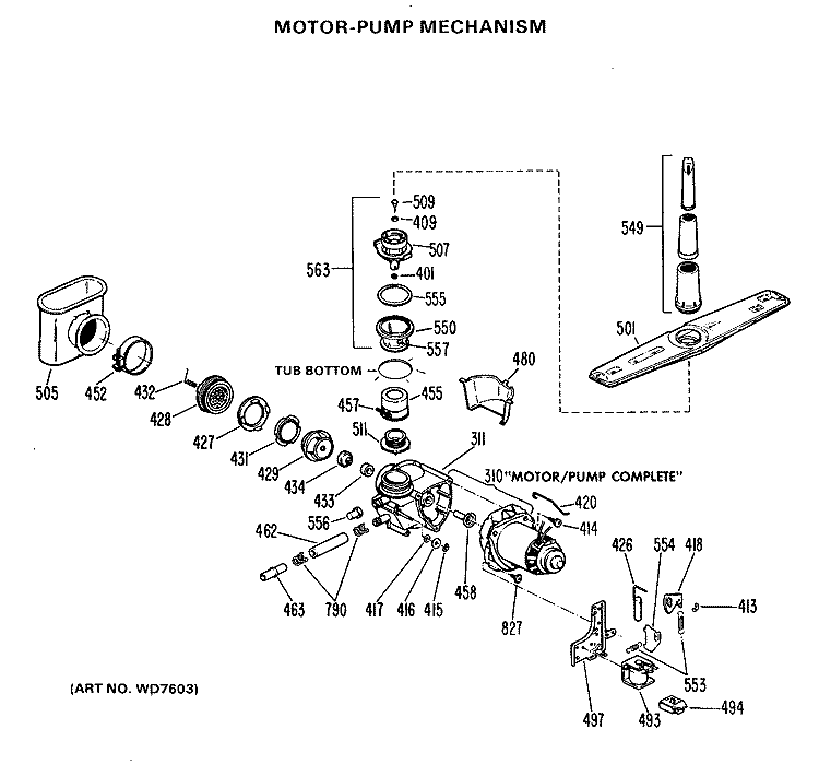 MOTOR PUMP MECHANISM Diagram and Parts List for GSD600D-03  General Electric Dishwasher