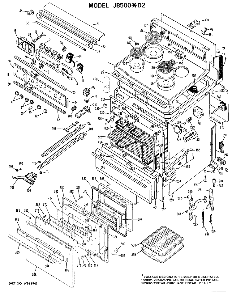 Section Diagram and Parts List for JB500*D2  General Electric Range