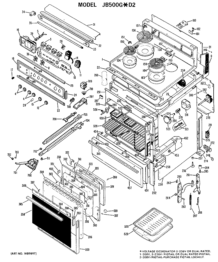 Section Diagram and Parts List for JB500G*D2  General Electric Range