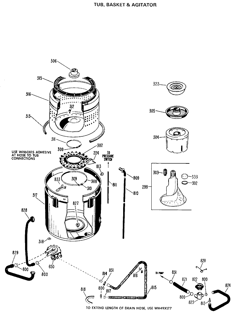 TUB, BASKET & AGITATOR Diagram and Parts List for WWA8324BAL  General Electric Washer