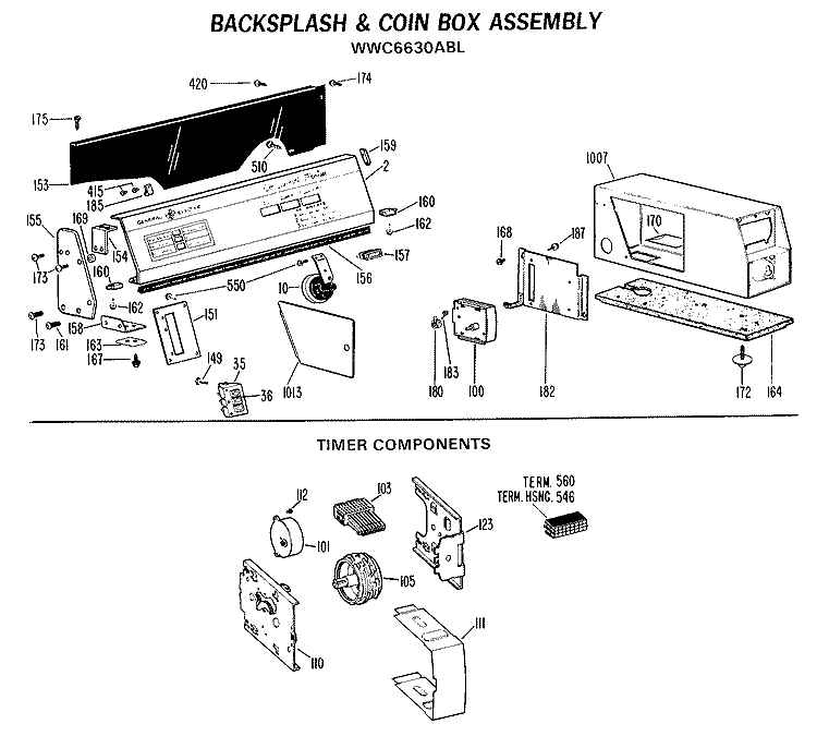 BACKSPLASH & COIN BOX ASSEMBLY Diagram and Parts List for WWC6630ABL  General Electric Washer