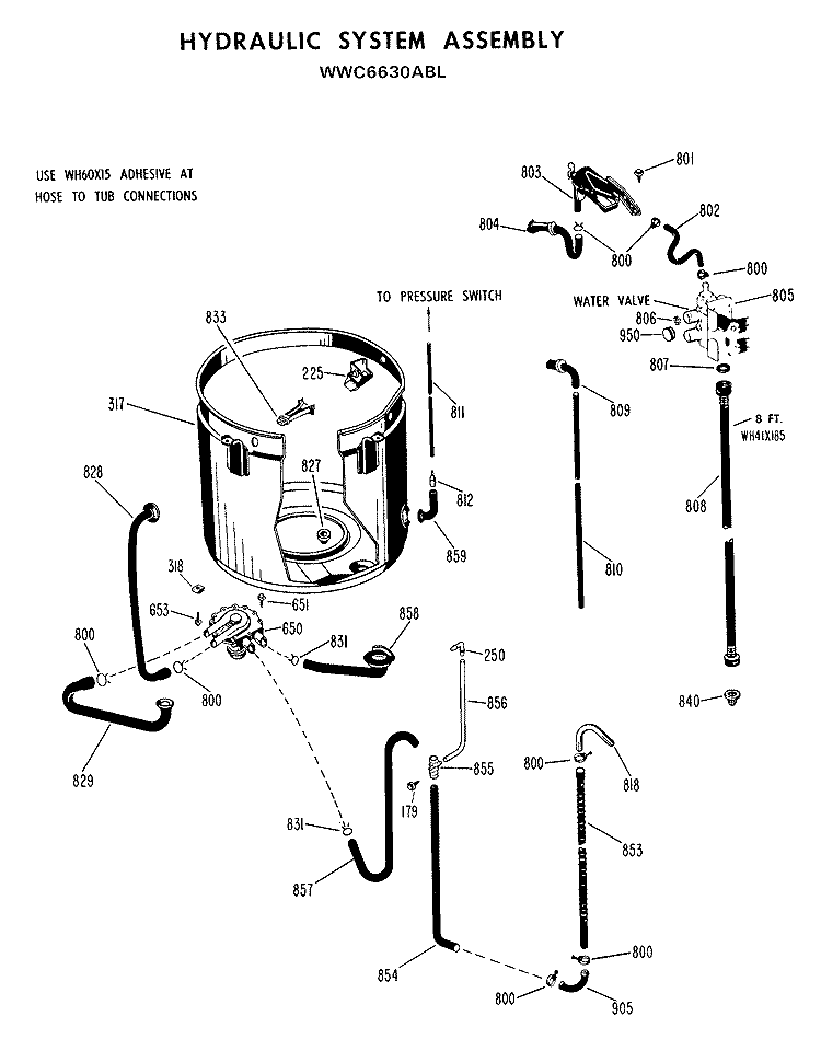 HYDRAULIC SYSTEM ASSEMBLY Diagram and Parts List for WWC6630ABL  General Electric Washer