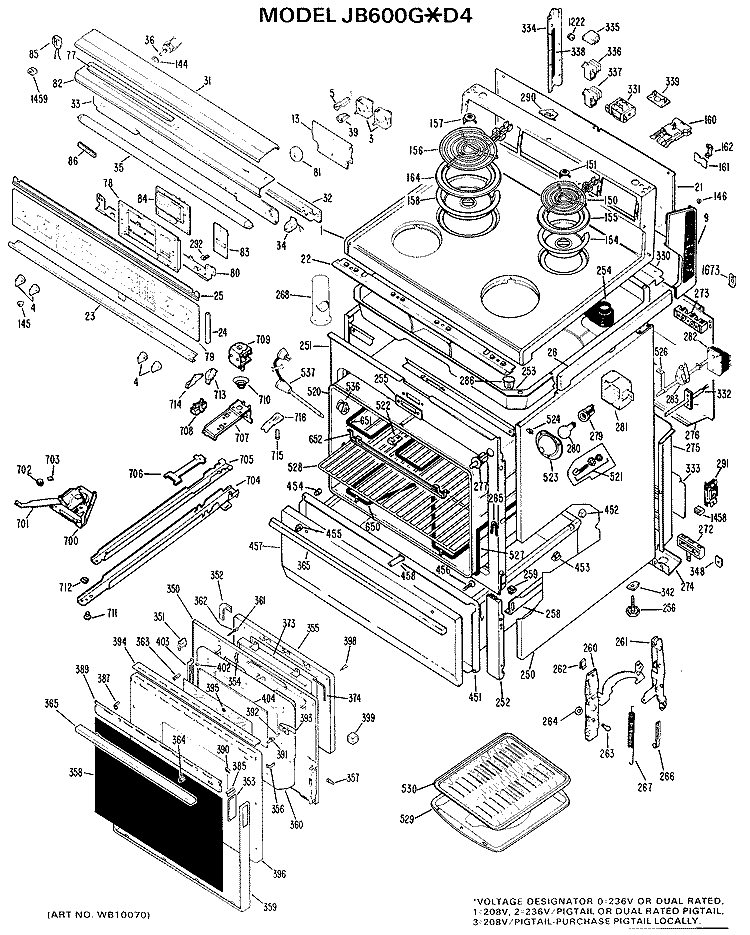 Section Diagram and Parts List for JB600G*D4  General Electric Range