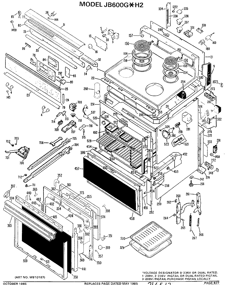 Section Diagram and Parts List for JB600G*H2  General Electric Range