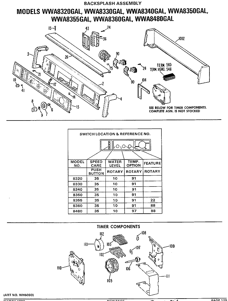 BACKSPLASH ASSEMBLY Diagram and Parts List for WWA8355GAL  General Electric Washer