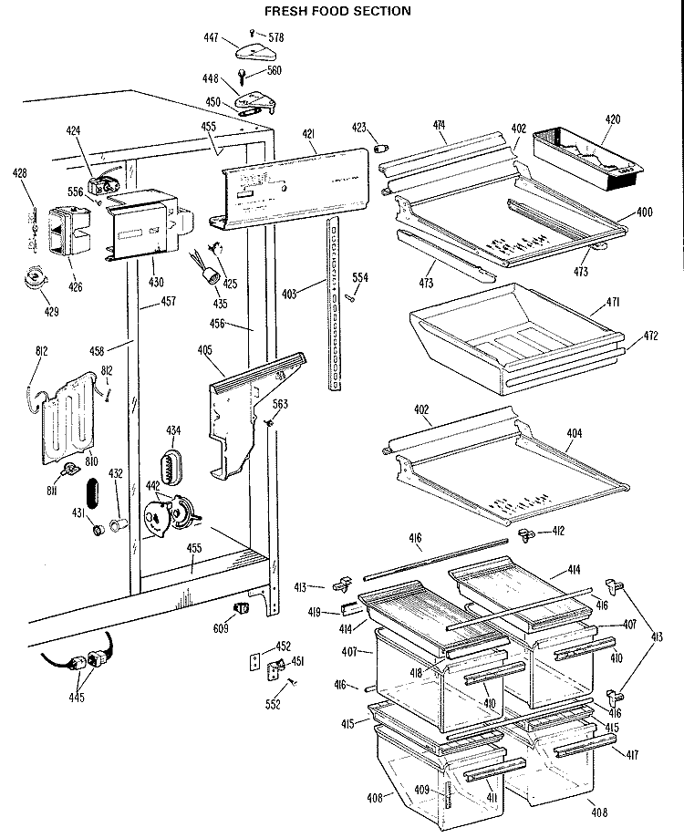 FRESH FOOD SECTION Diagram and Parts List for TFX22RGB  General Electric Refrigerator