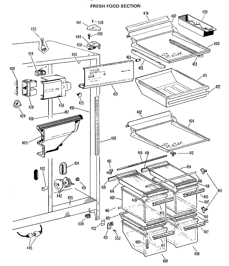 FRESH FOOD SECTION Diagram and Parts List for TFX24ZGB  General Electric Refrigerator