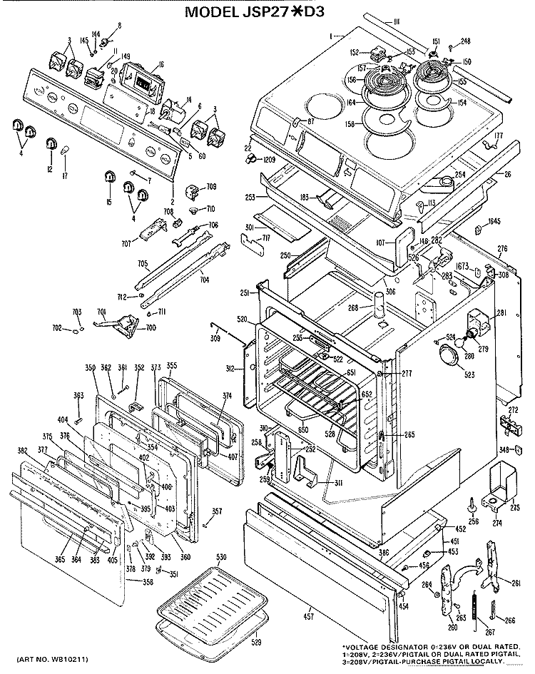 Section Diagram and Parts List for JSP27*D3  General Electric Range