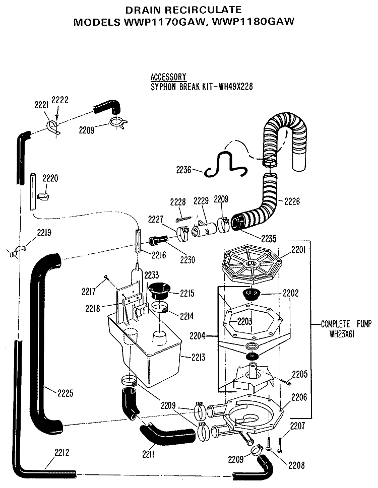 DRAIN RECIRCULATE Diagram and Parts List for WWP1180GAW  General Electric Washer
