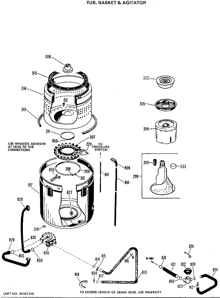 TUB, BASKET & AGITATOR Diagram and Parts List for WWA8500GBL  General Electric Washer