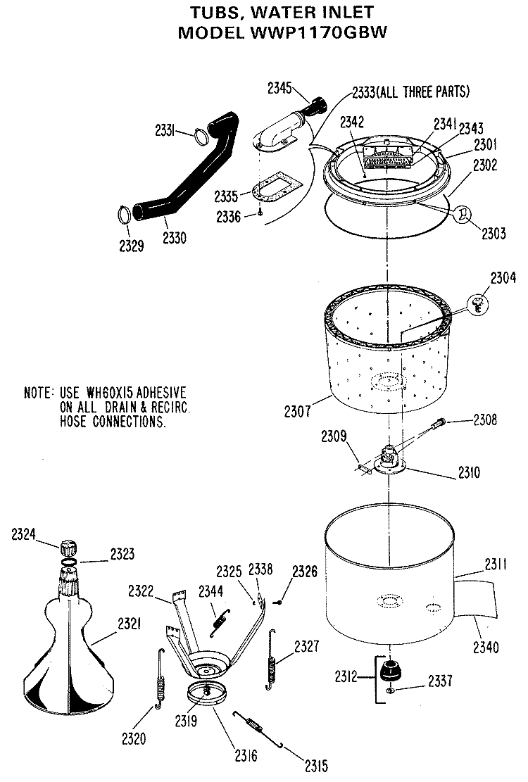 TUBS, WATER INLET Diagram and Parts List for WWP1170GBW  General Electric Washer