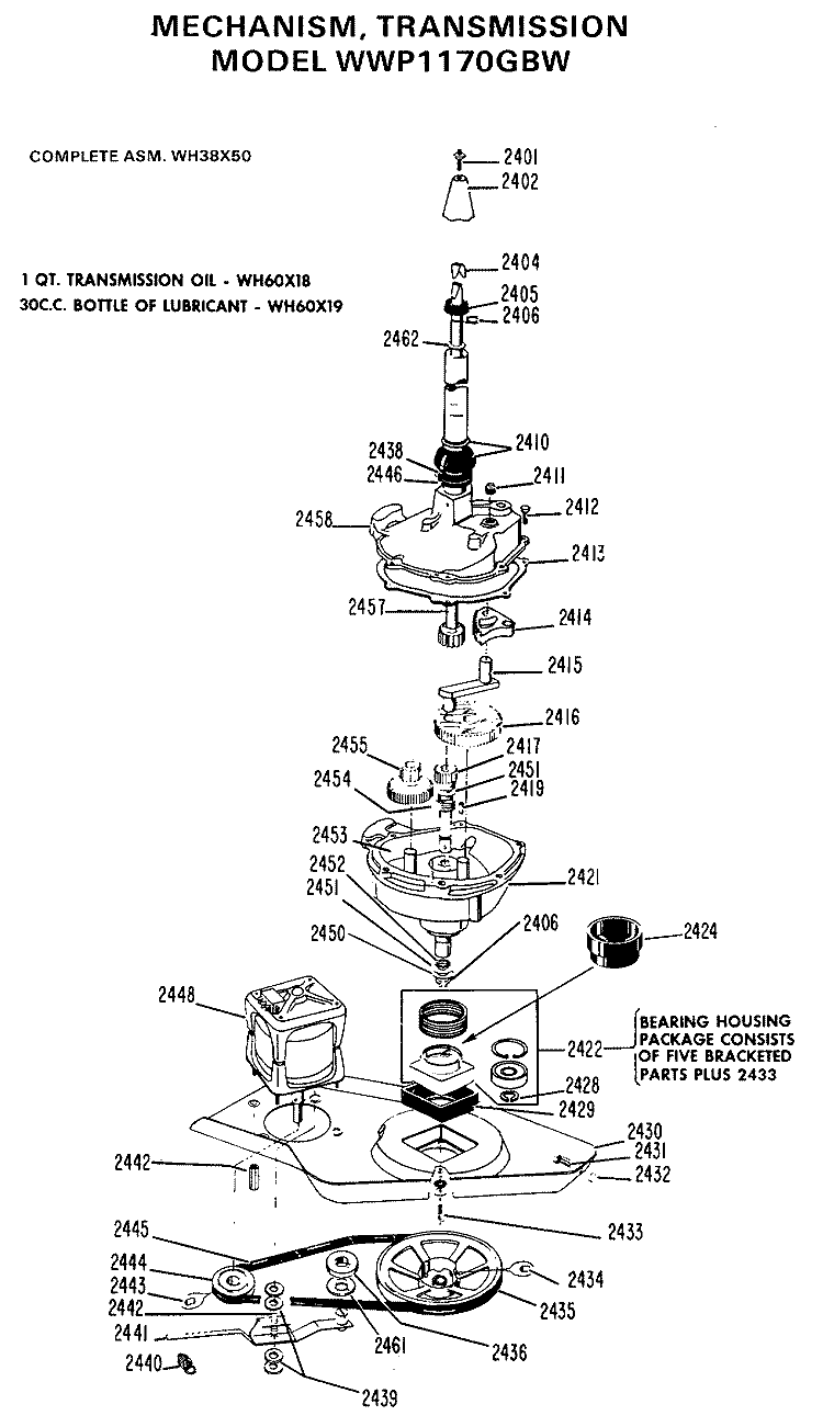 MECHANISM, TRANSMISSION Diagram and Parts List for WWP1170GBW  General Electric Washer