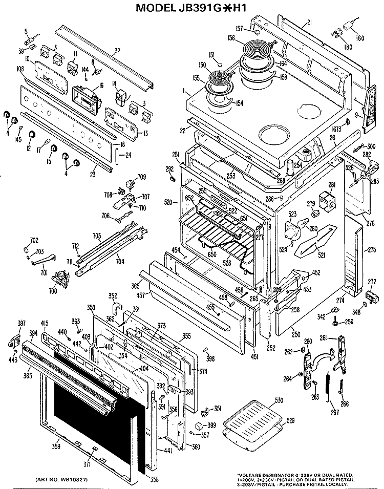 Section Diagram and Parts List for JB391G*H1  General Electric Range