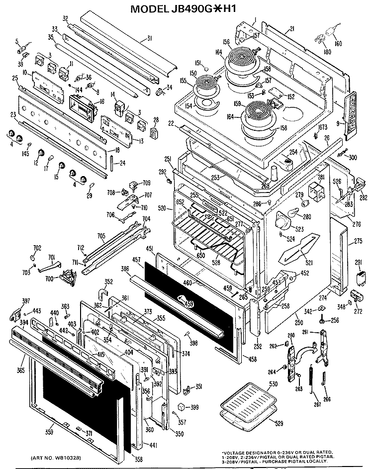 Section Diagram and Parts List for JB490G*H1  General Electric Range