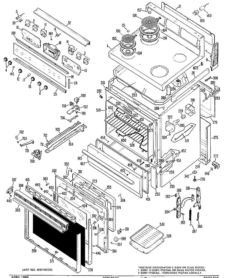 Section Diagram and Parts List for JB400G*J1  General Electric Range