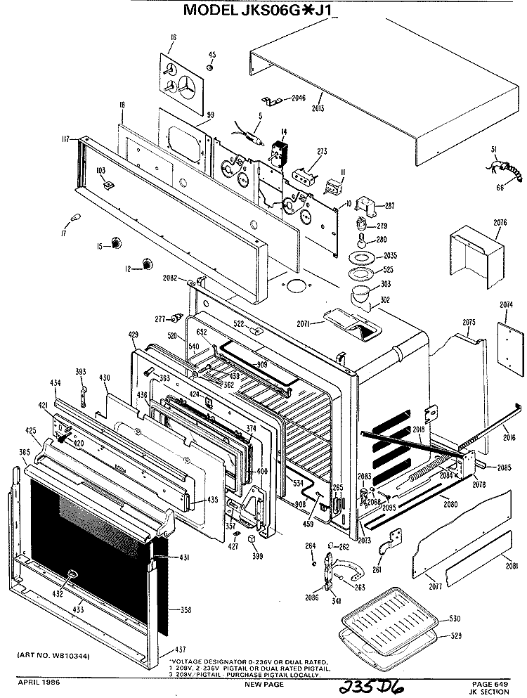 Section Diagram and Parts List for JKS06G*J1  General Electric Wall Oven