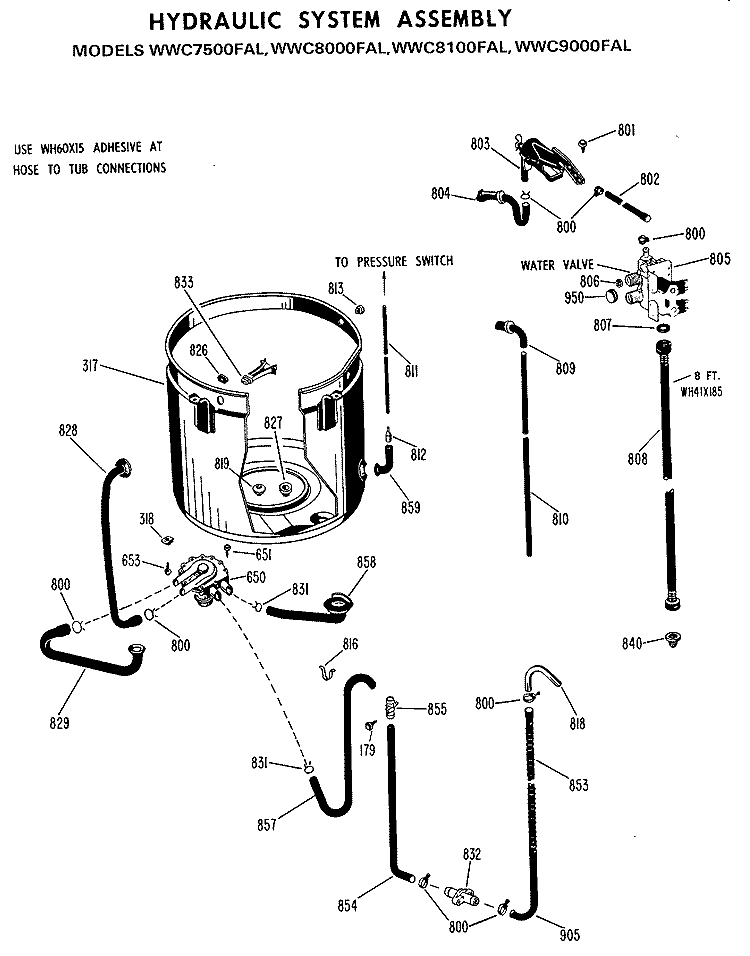 HYDRAULIC SYSTEM ASSEMBLY Diagram and Parts List for WWC8000FAL  General Electric Washer