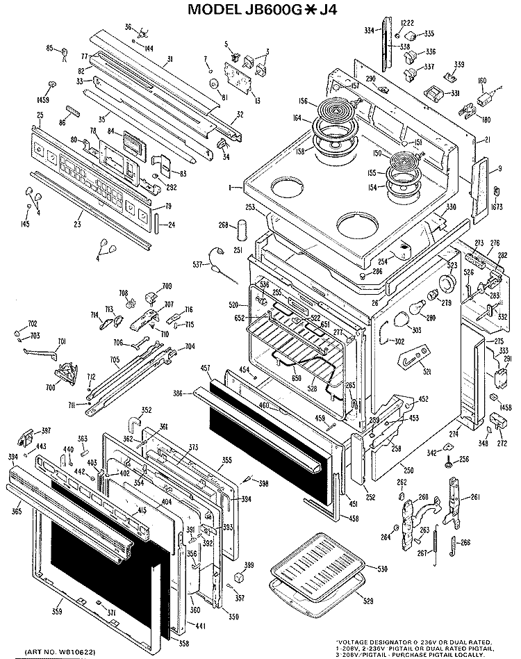 Section Diagram and Parts List for JB600G*J4  General Electric Range