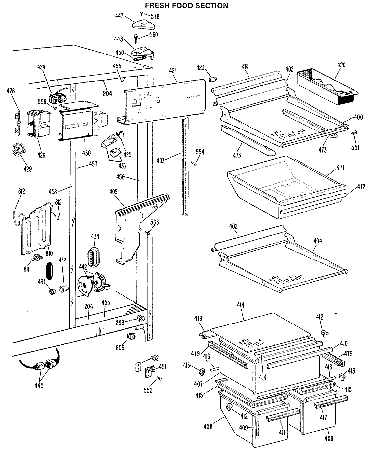 FRESH FOOD SECTION Diagram and Parts List for TFX24RHB  General Electric Refrigerator