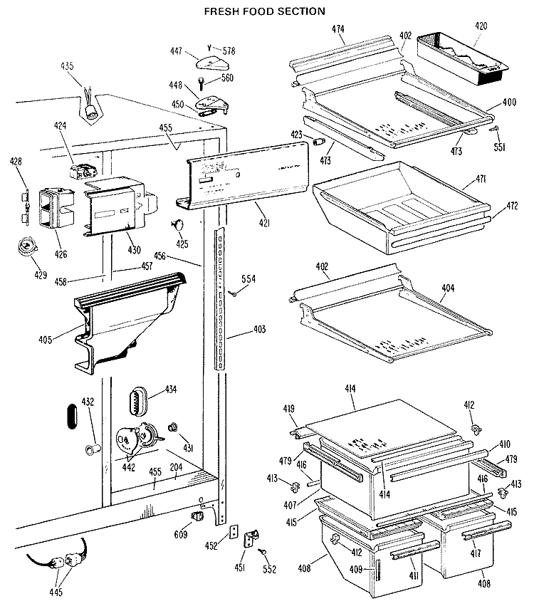 FRESH FOOD SECTION Diagram and Parts List for TFX24ZHB  General Electric Refrigerator