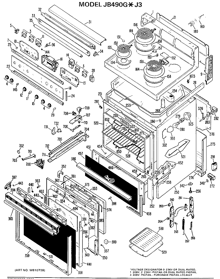 Section Diagram and Parts List for JB490G*J3  General Electric Range