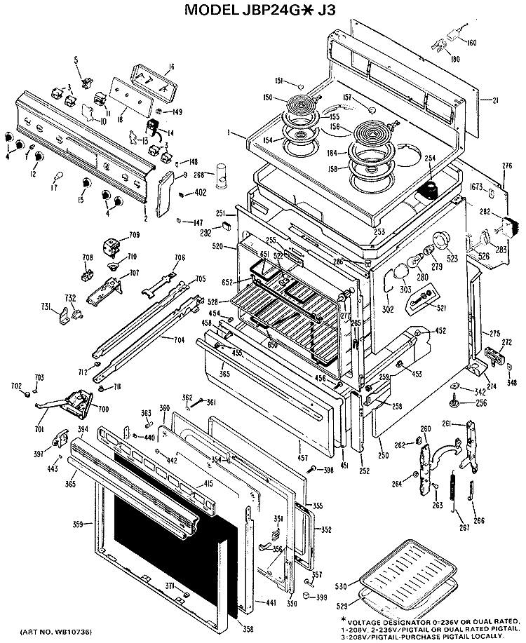 Section Diagram and Parts List for JBP24G*J3  General Electric Range