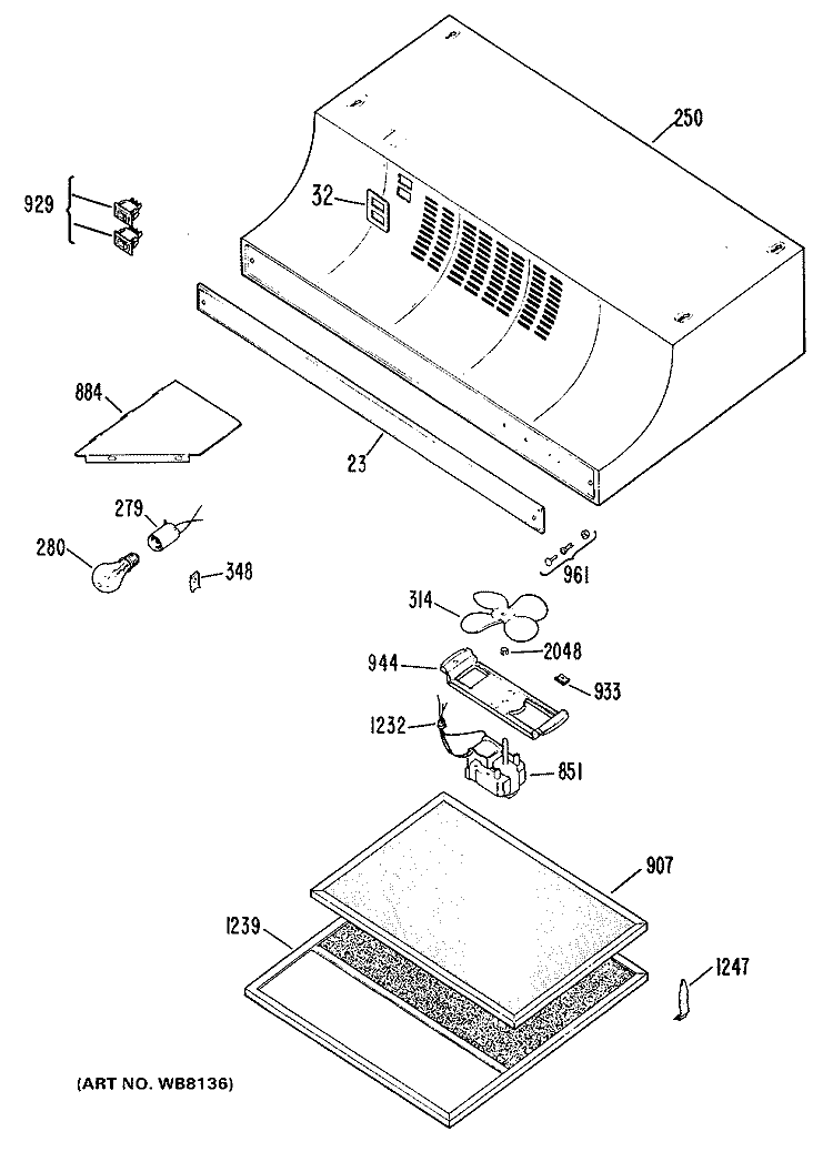 Section Diagram and Parts List for JN334*J1  General Electric Range Hood