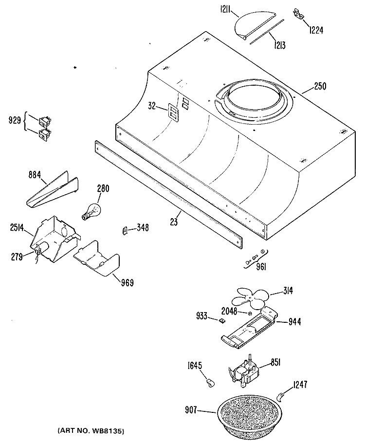 Section Diagram and Parts List for JV324*J2  General Electric Range Hood