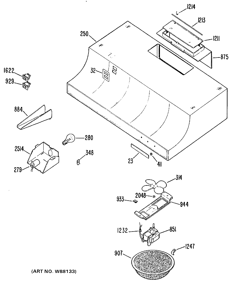Section Diagram and Parts List for JV332*J1  General Electric Range Hood