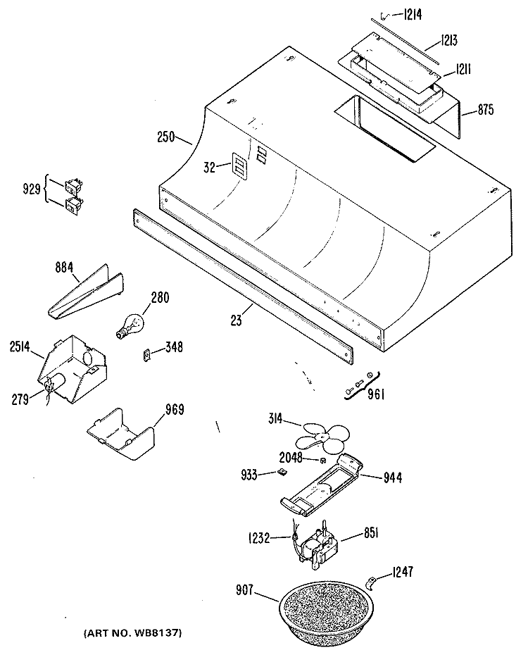 Section Diagram and Parts List for JV634*J2  General Electric Range Hood