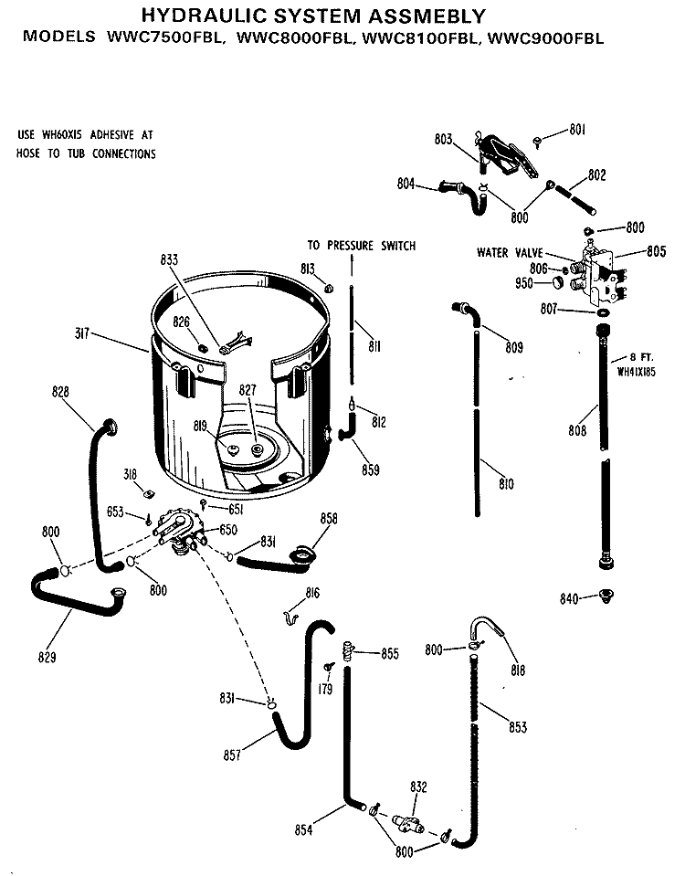 HYDRAULIC SYSTEM ASSEMBLY Diagram and Parts List for WWC7500FBL  General Electric Washer