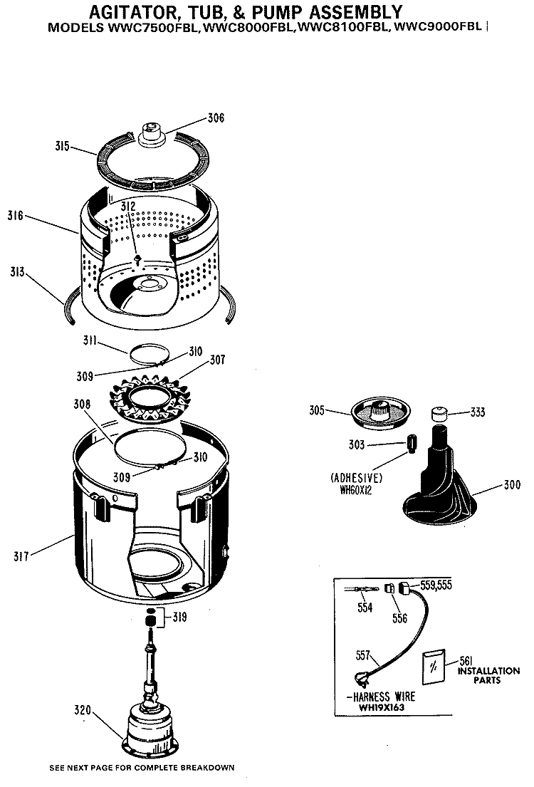 AGITATOR, TUB, & PUMP ASSEMBLY Diagram and Parts List for WWC7500FBL  General Electric Washer