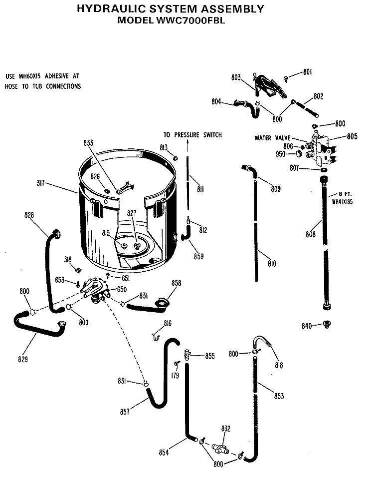 HYDRAULIC SYSTEM ASSEMBLY Diagram and Parts List for WWC7000FBL  General Electric Washer