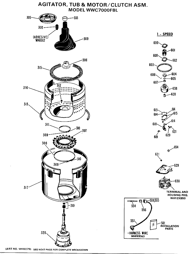 AGITATOR, TUB & MOTOR / CLUTCH ASM. Diagram and Parts List for WWC7000FBL  General Electric Washer