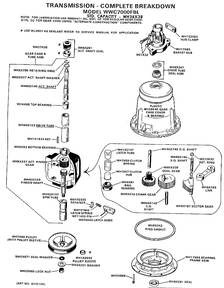 TRANSMISSION - COMPLETE BREAKDOWN Diagram and Parts List for WWC7000FBL  General Electric Washer