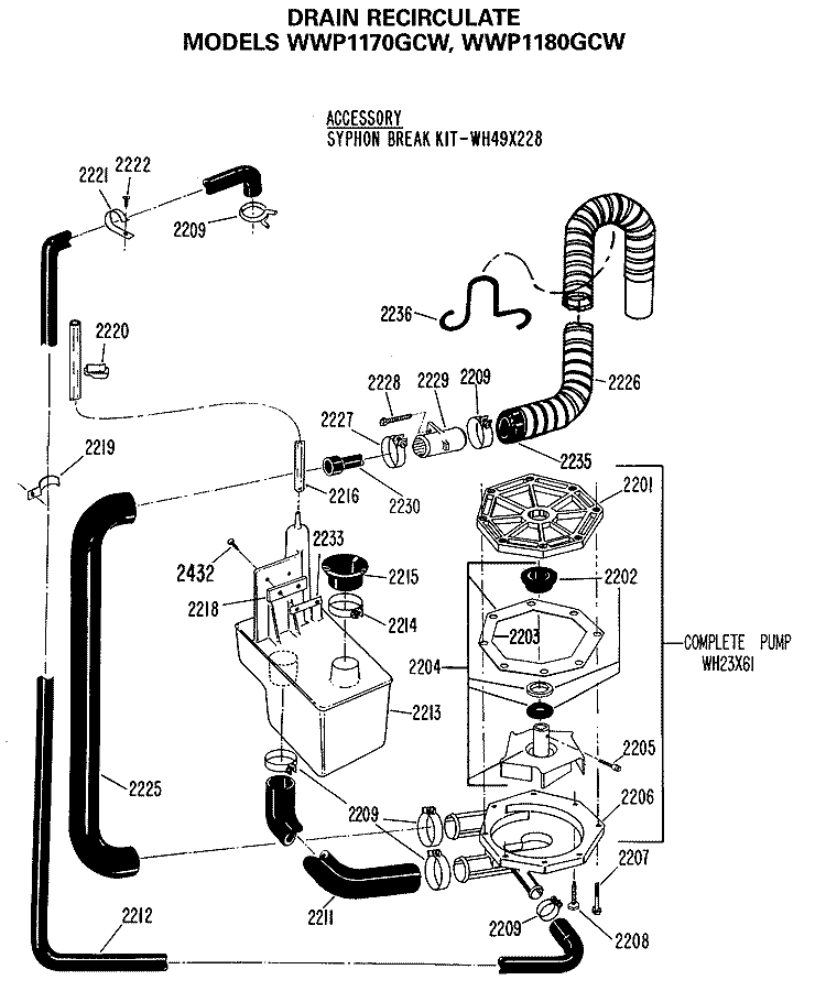 DRAIN RECIRCULATE Diagram and Parts List for WWP1170GCW  General Electric Washer