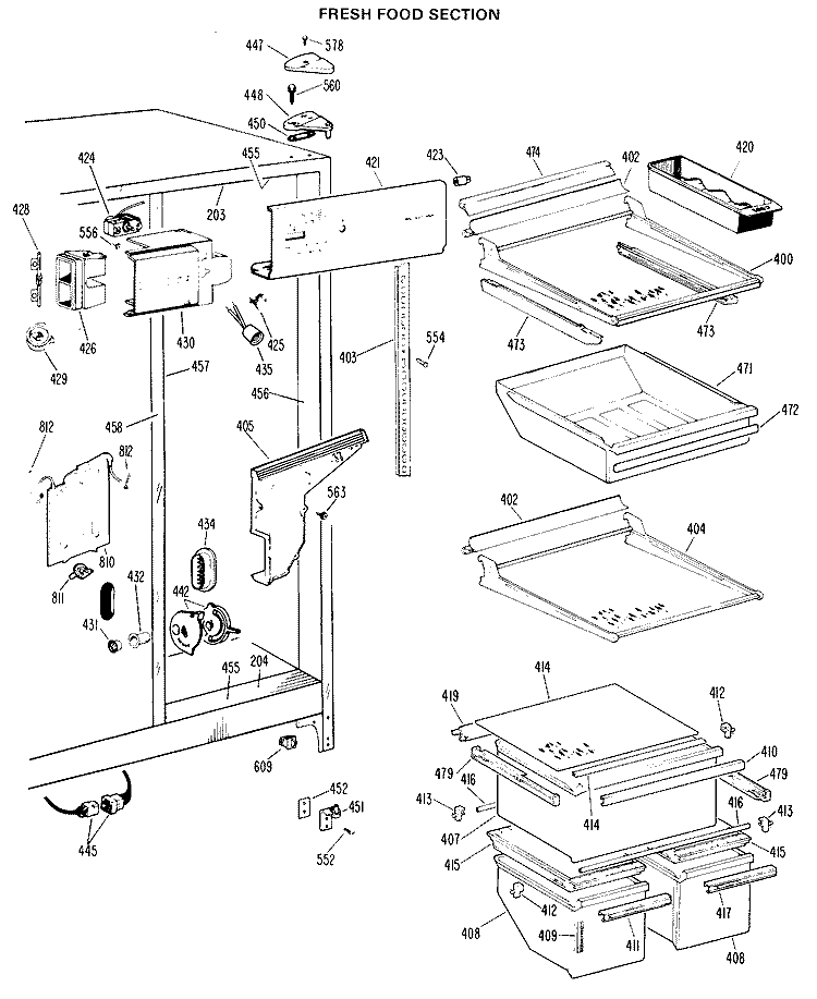 FRESH FOOD SECTION Diagram and Parts List for TFX22RHE  General Electric Refrigerator
