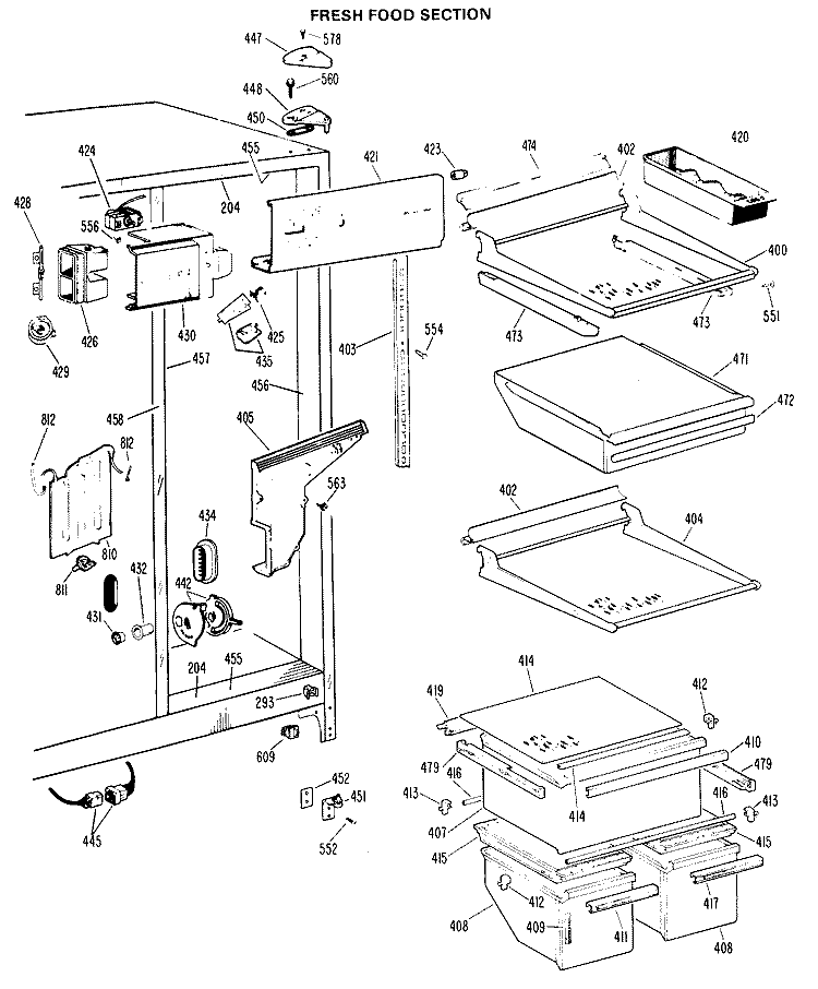 FRESH FOOD SECTION Diagram and Parts List for TFX24RHE  General Electric Refrigerator