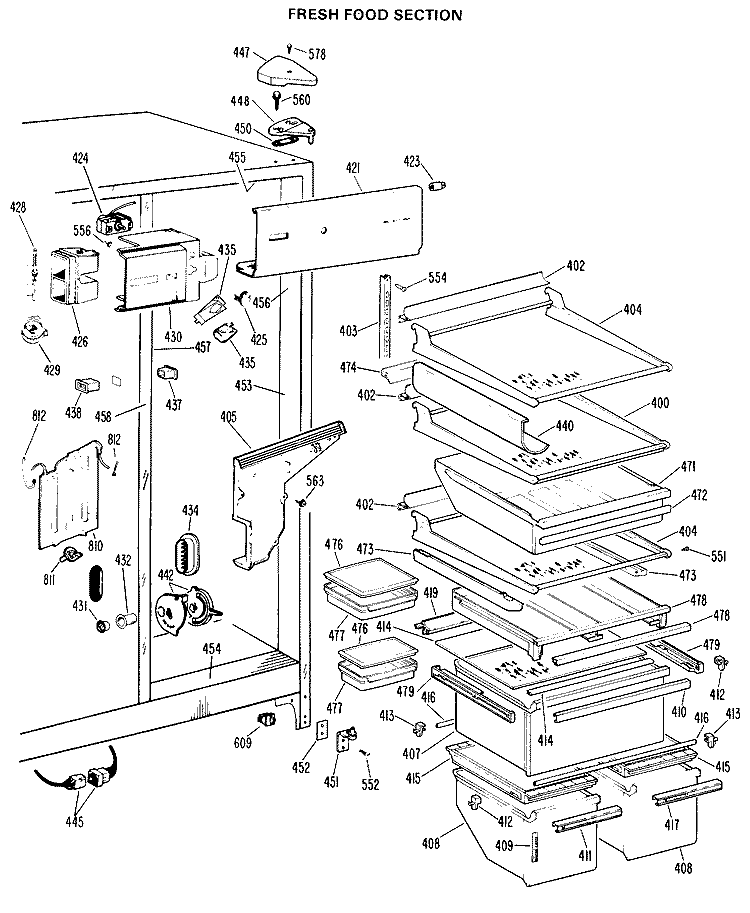 FRESH FOOD SECTION Diagram and Parts List for TFX27FHE  General Electric Refrigerator