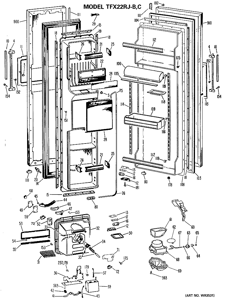 Section Diagram and Parts List for TFX22RJC  General Electric Refrigerator