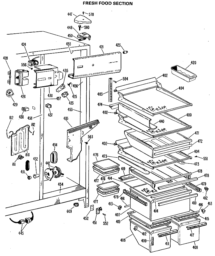 FRESH FOOD SECTION Diagram and Parts List for TFX27FJB  General Electric Refrigerator