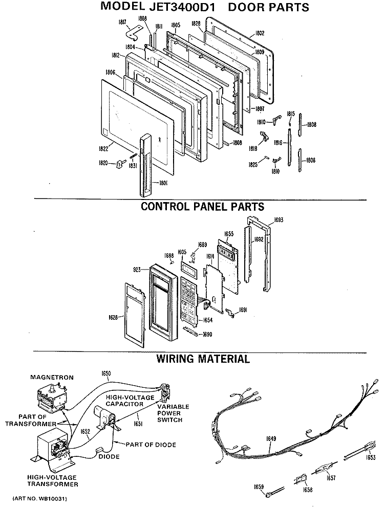 DOOR PARTS Diagram and Parts List for JET3400D1  General Electric Microwave