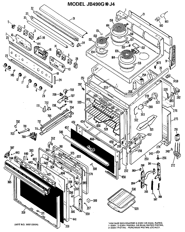 Section Diagram and Parts List for JB490G*J4  General Electric Range