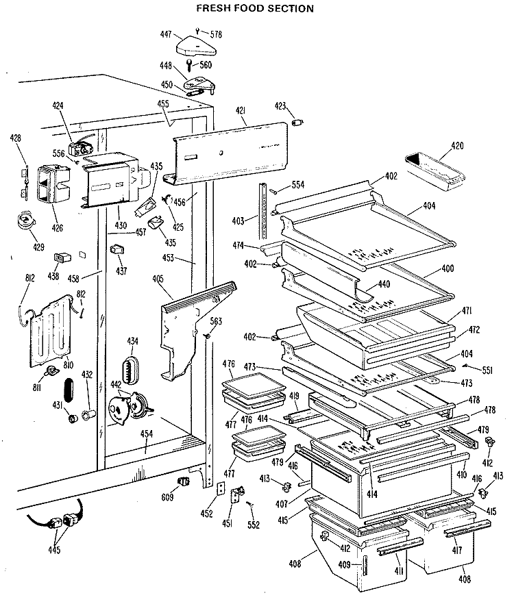 FRESH FOOD SECTION Diagram and Parts List for TFX27FJE  General Electric Refrigerator
