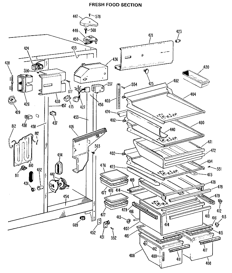 FRESH FOOD SECTION Diagram and Parts List for TFX27FJF  General Electric Refrigerator